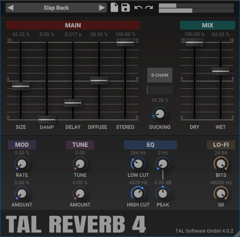 Slap Back inkl. Ducking für Gitarre mit dem TAL-Reverb-4 (Mellow Yellow, Mildes Gelb)